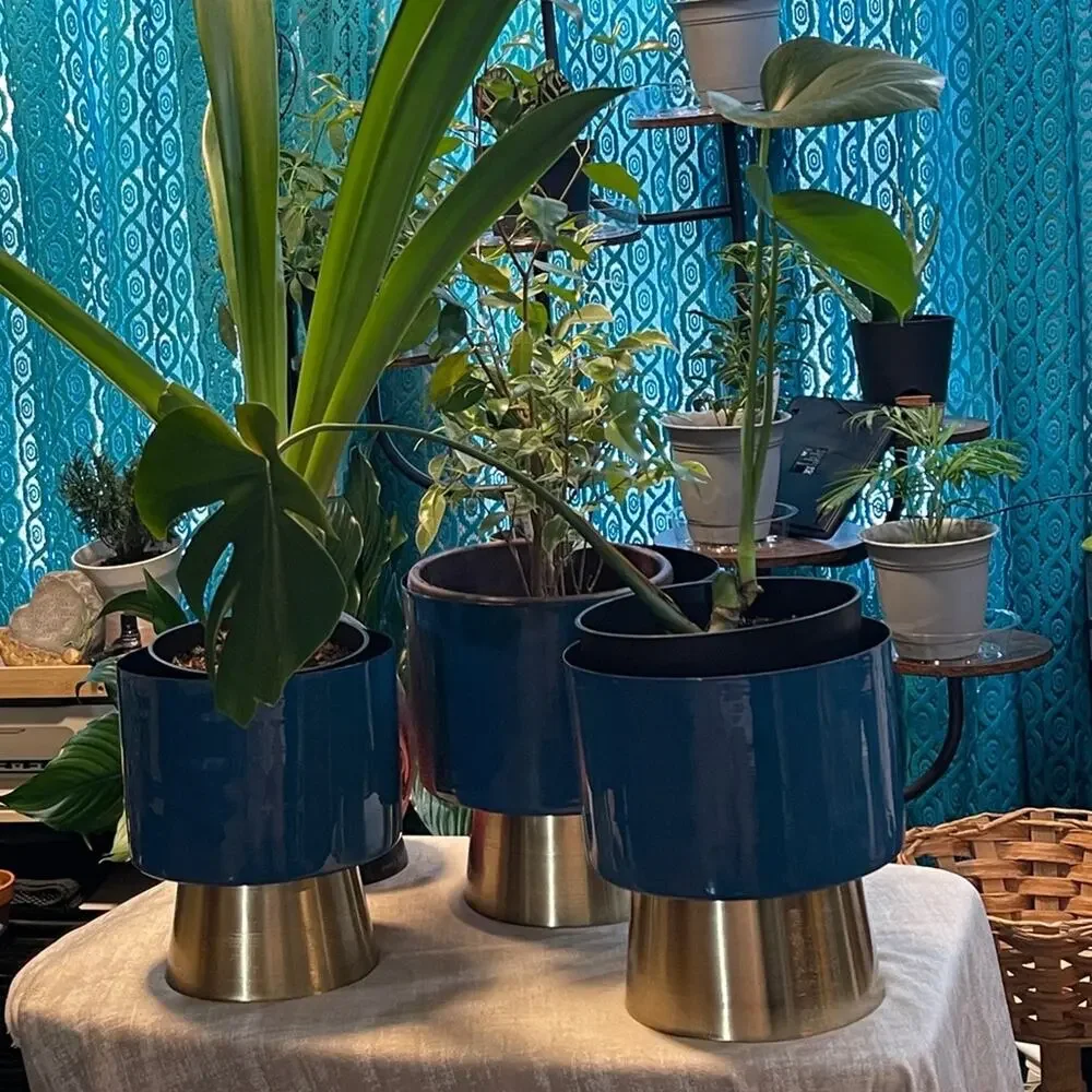 CosmoLiving NEW Blue & Gold Metal Planter 3/SET Modern Home Decor Indoor/Outdoor